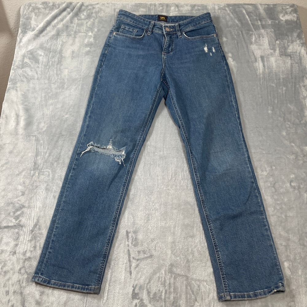 Lee Womens Jeans Size 28x29 Straight Leg Distressed Medium‎ Wash Blue Denim